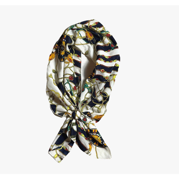 Vintage Neck Wrap Satin Scarf Navy Blue Gold White Silky Brooch Accessory Piece - Picture 3 of 5